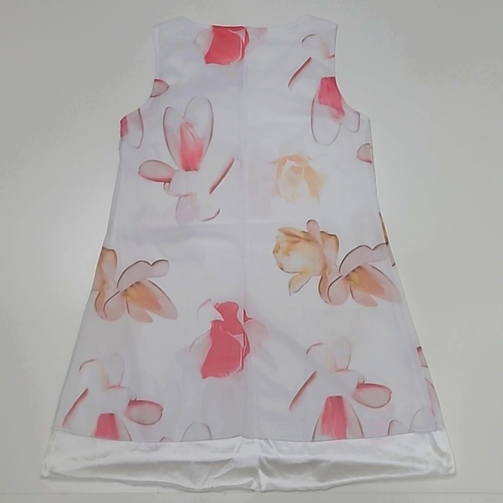 Floral Chiffon Mini Dress Sheer Lined Sleeveless Shift Tunic Boat Neck Flowery - Picture 8 of 17